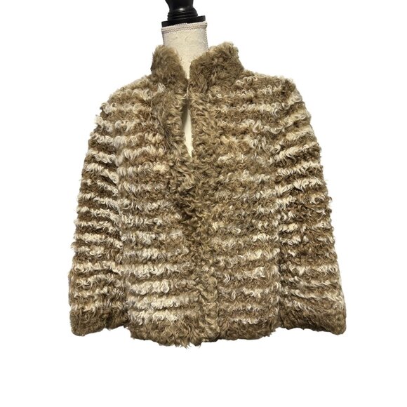Vintage Women's Mongolian Cream & Tan Striped Lamb Fur Jacket - Picture 1 of 6
